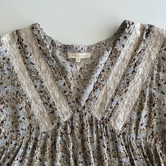 Promesa Lace Detail Shirred Swing Floral Peasant Sleeve V Neck Cropped Blouse M - Picture 3 of 8